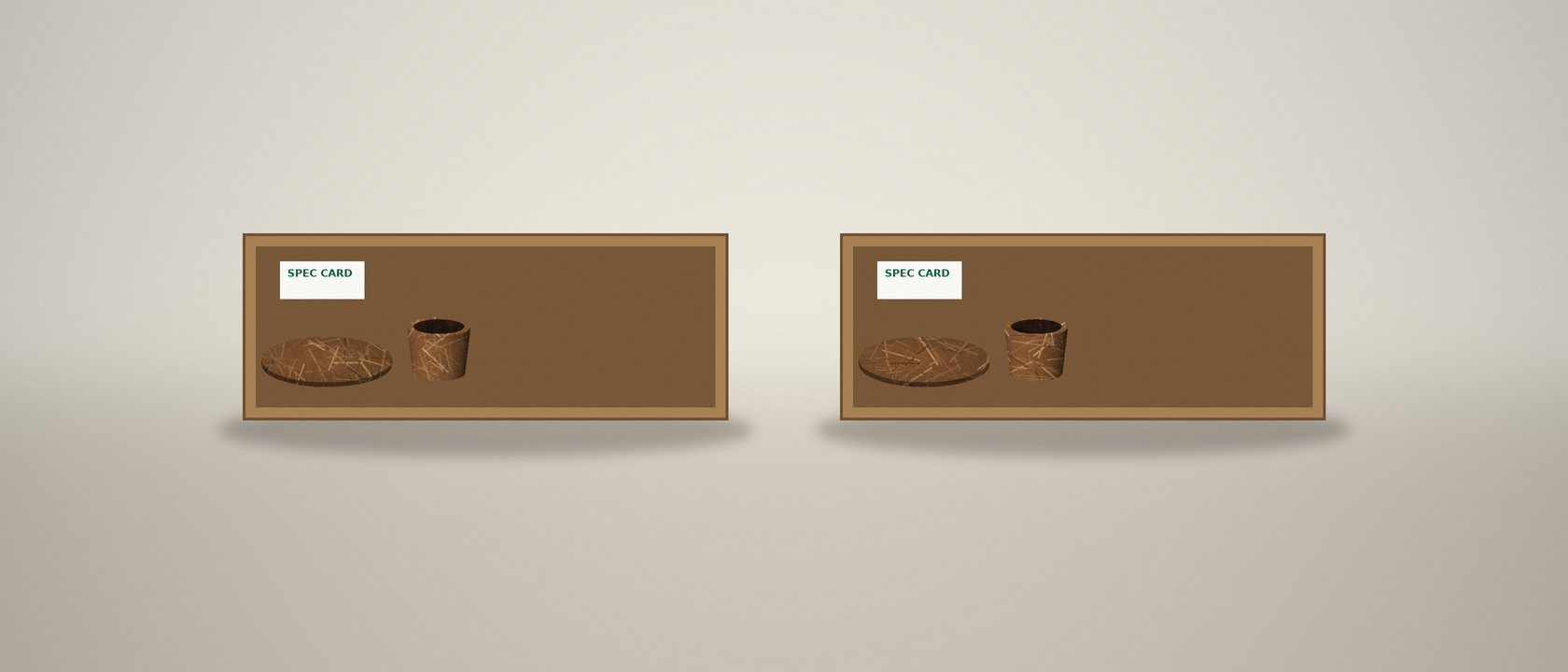 Coir product samples and a specification card laid out in sample boxes