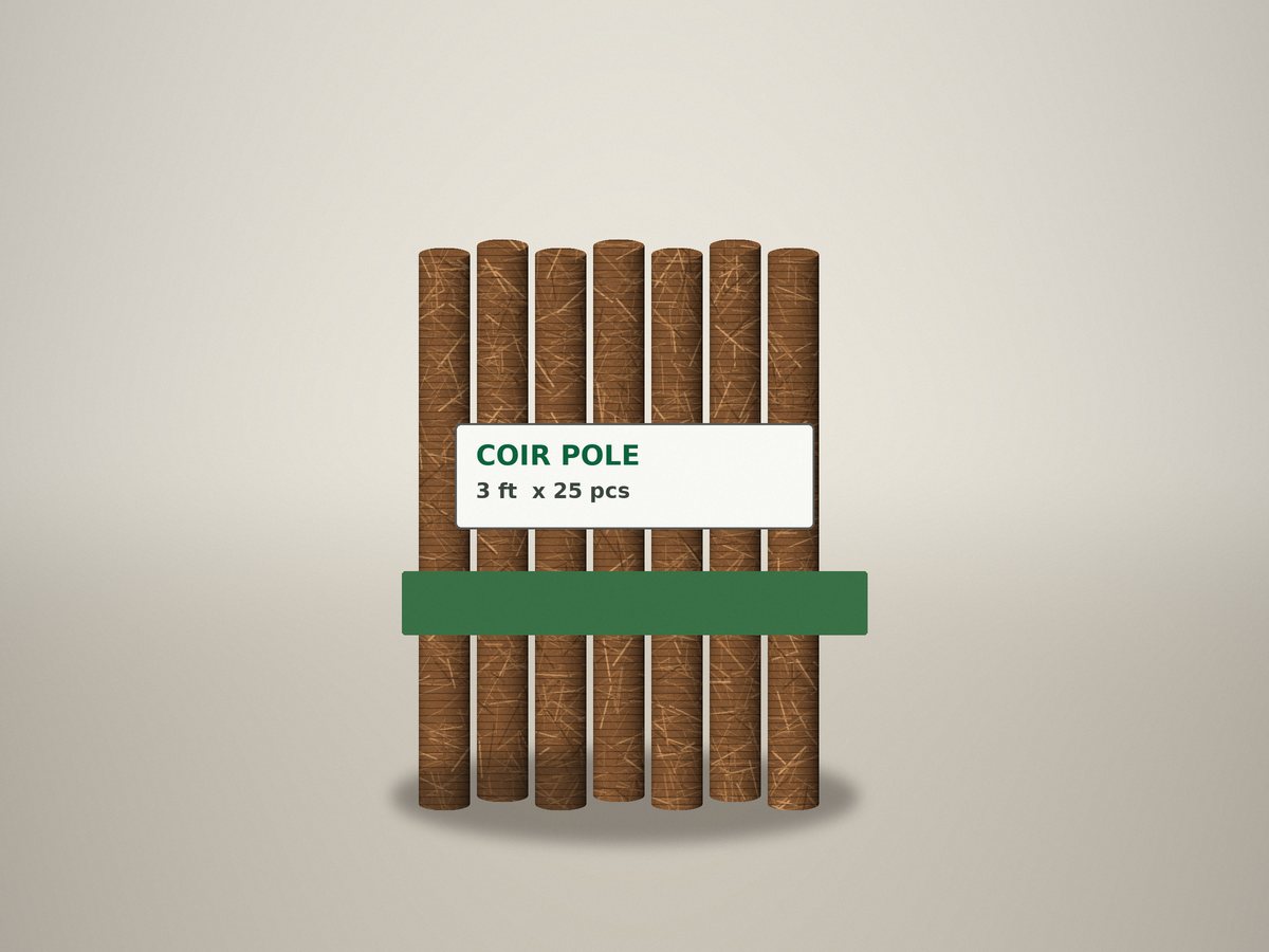Bundled coir poles packed for dispatch